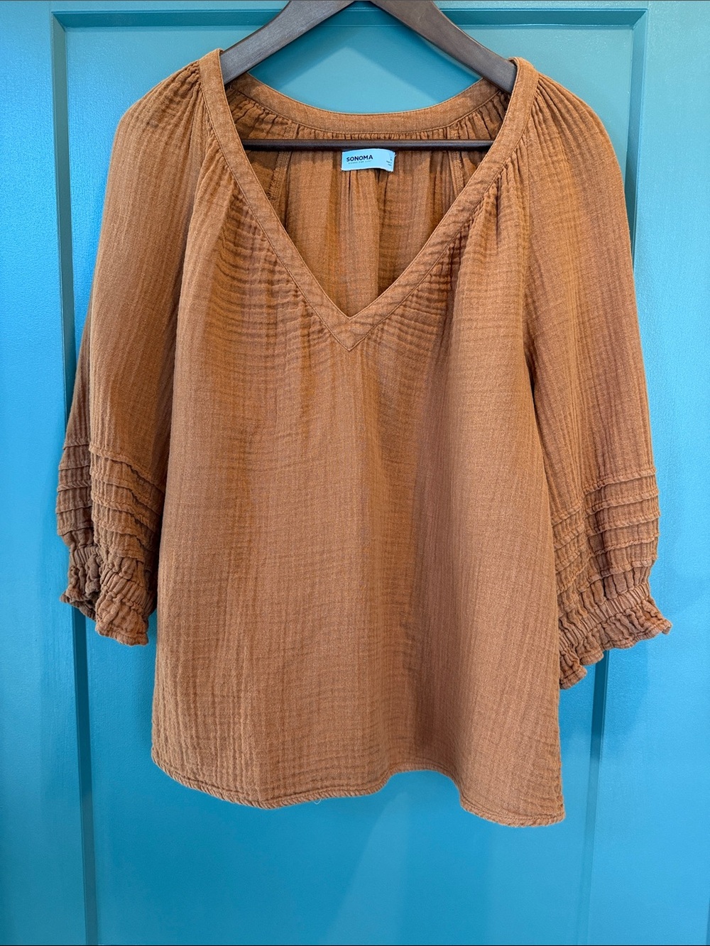 Sonoma Gold V-Neck Gauze Blouse with Smocked Sleeves